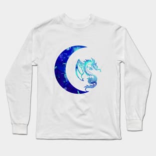 Blue Crescent Moon and Dragon Long Sleeve T-Shirt